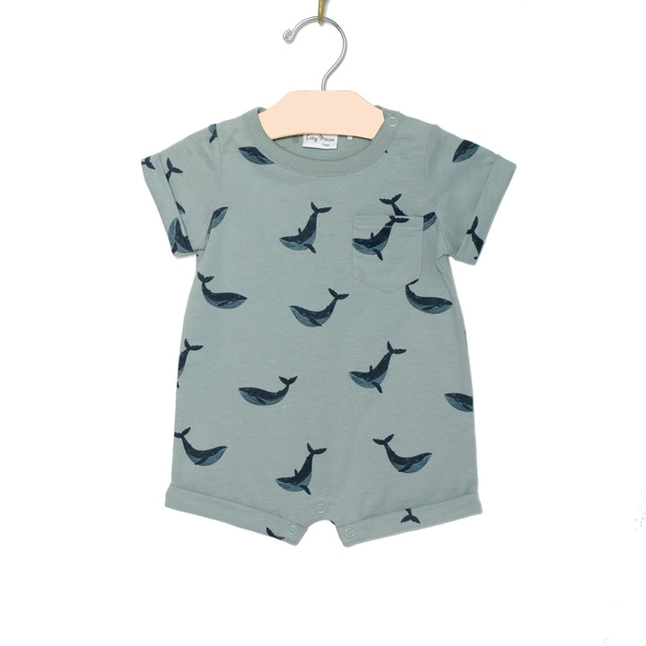 Short sleeve romper onesie by City Mouse in Blue Whale