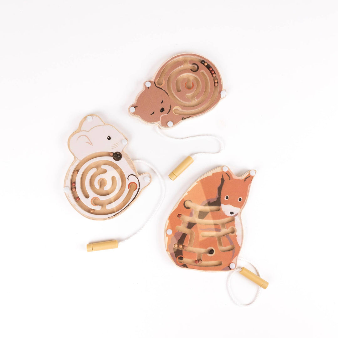 Egmont's Mini Magnetic Color Maze collection displays three animal shaped wooden mazes with cords