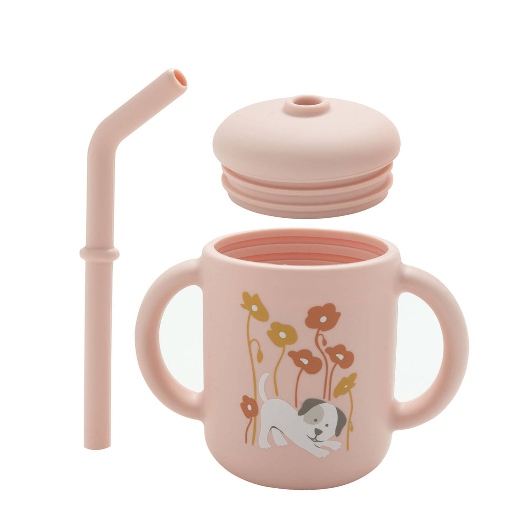 sugarbugger straw toddler cup with handles with dog and flower design 