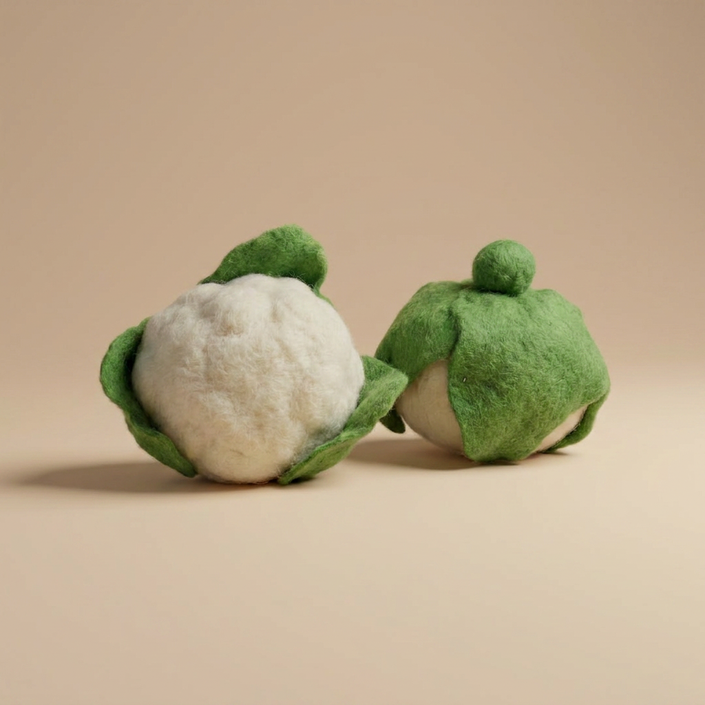Close-up of Kaddu's Felt Cauliflower showing handcrafted wool texture