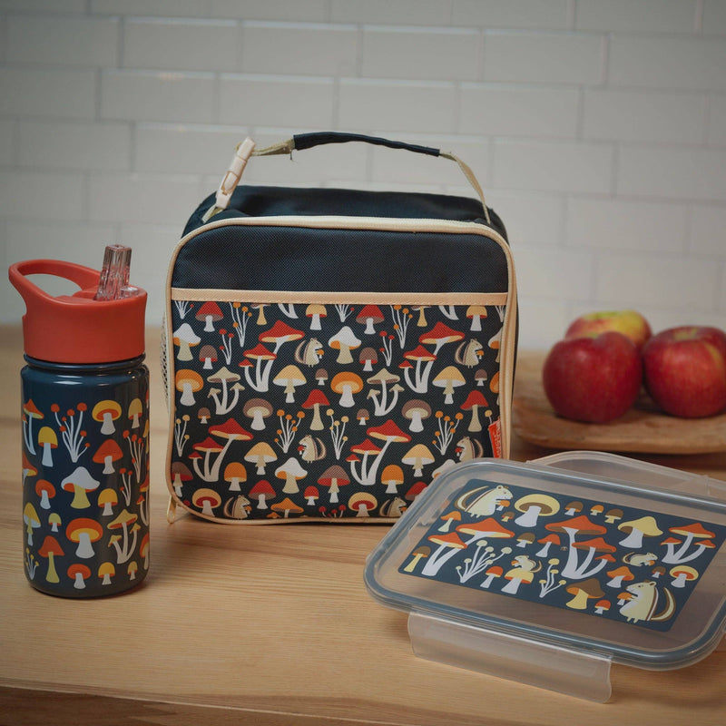 kids stainless steel sugar booger insulated gray and orange mushrrom patterened water bottle with matching lunch box 