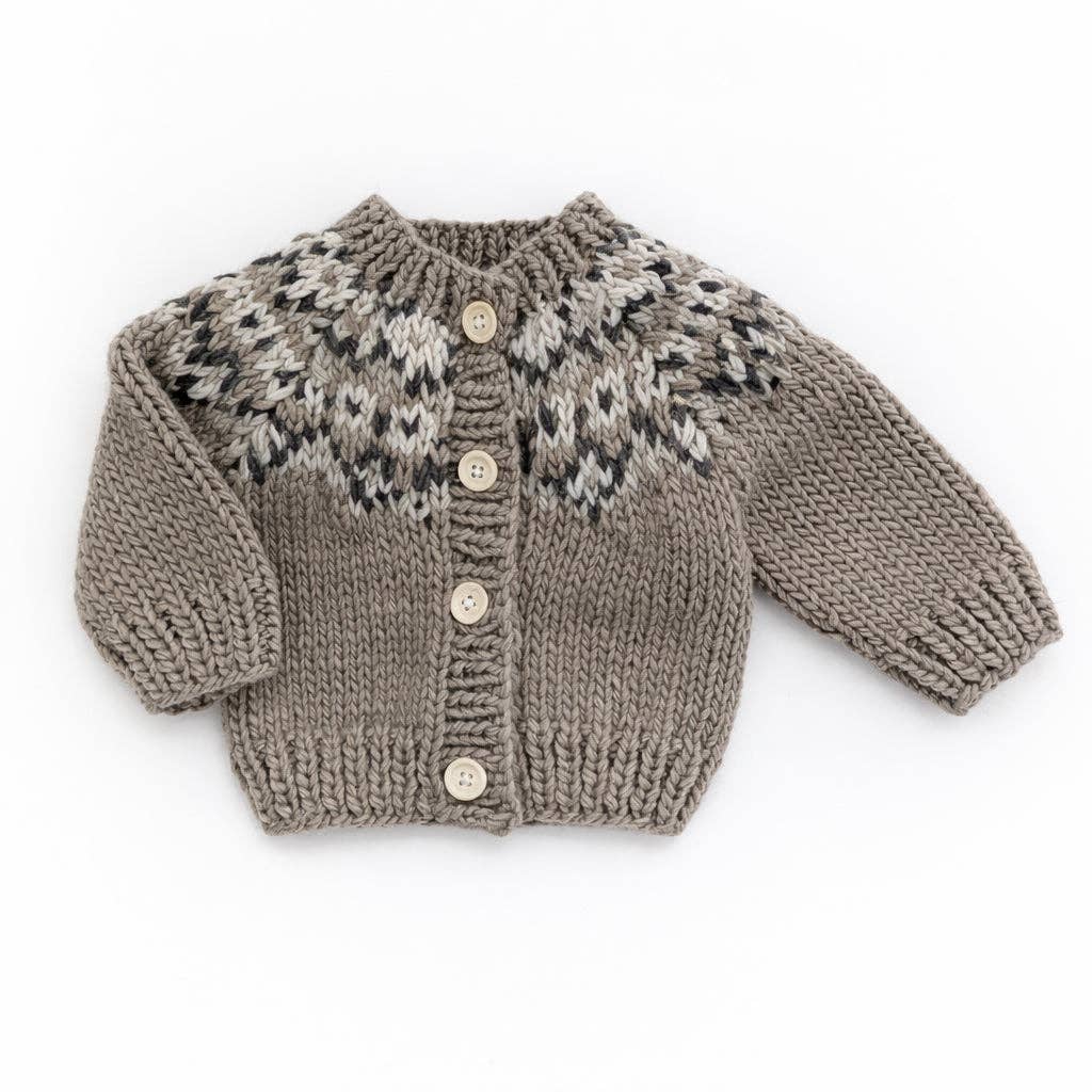 Huggalugs Fairisle Pebble hand knit baby cardigan sweater, Nordic pattern, laid flat