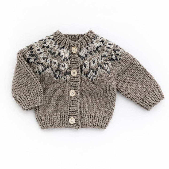 Huggalugs Fairisle Pebble hand knit baby cardigan sweater, Nordic pattern, laid flat