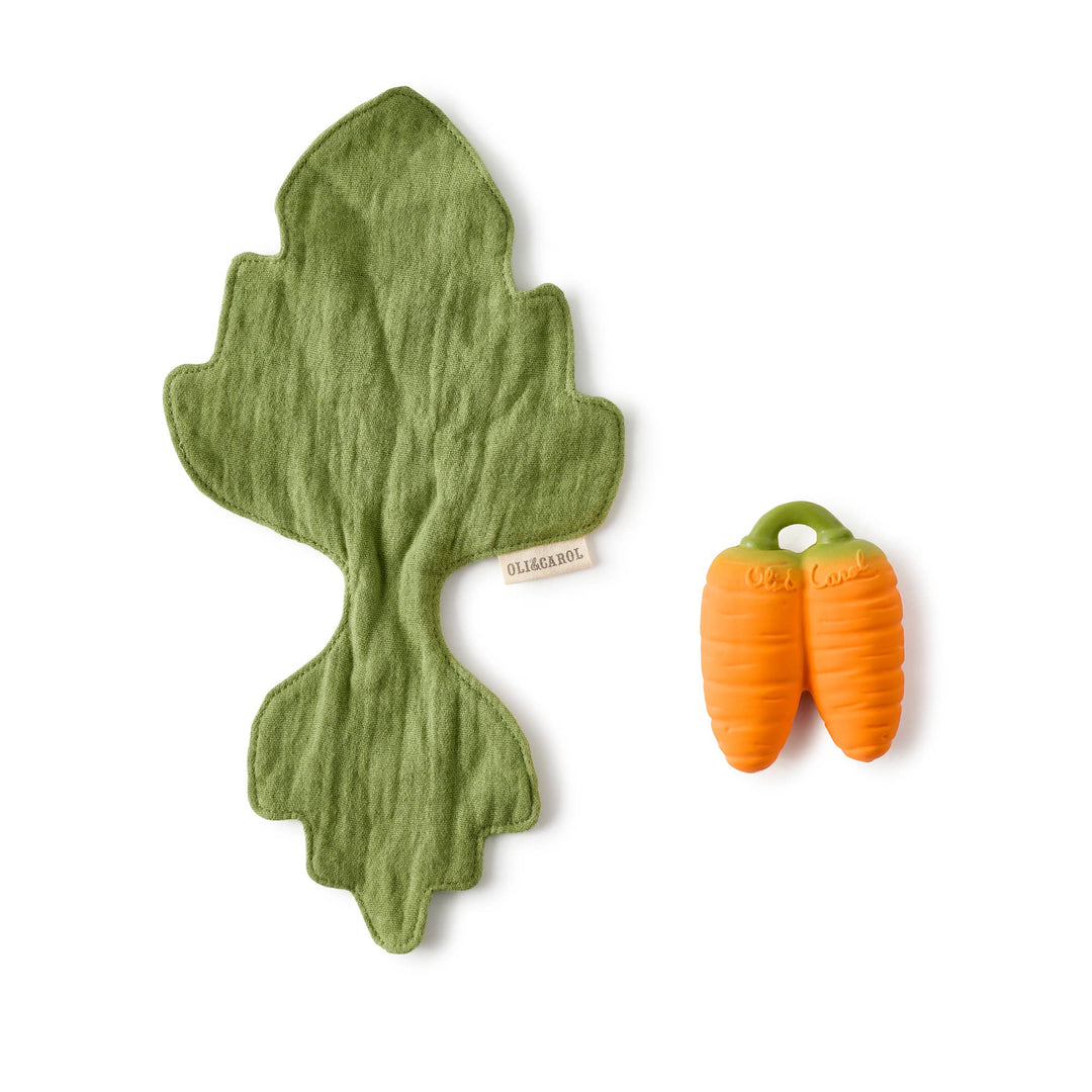 Oil & Carol Cathy the Carrot teether and doudou cloth set, infant teething toy for grasping, chewing, and sensory development