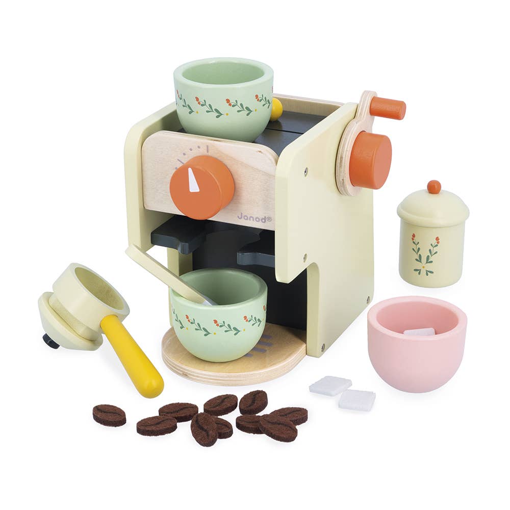 Wood Toy coffee machine kitchen pretend play, the Janod Cottage Chic Coffee Maker Set