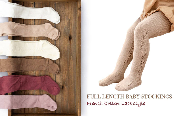 Olive & Cradle French Lace Cotton Tights baby lifestyle – newborn wearing soft cotton lace tights, close-up legs