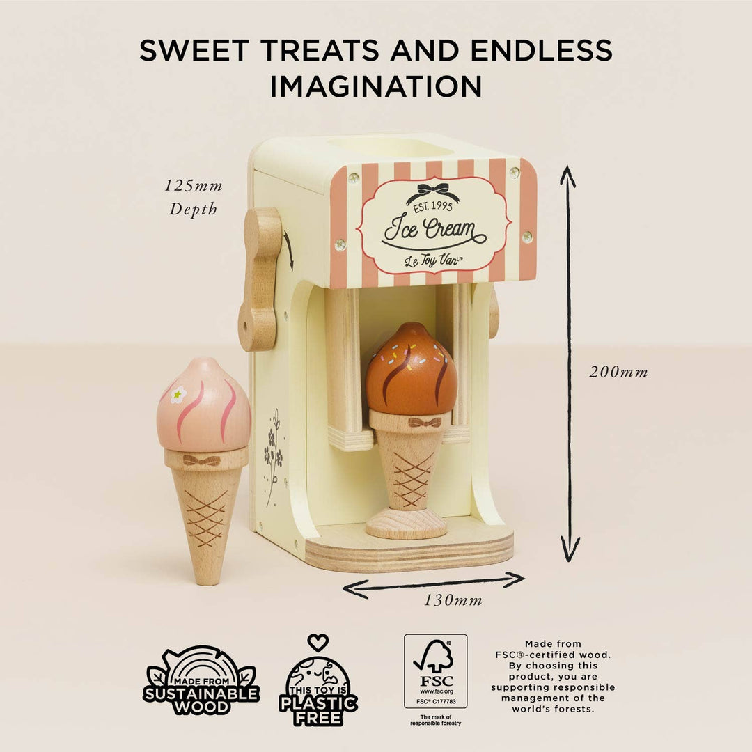 Package dimensions and sustainability icons sit beside Le Toy Van's Ice Cream Machine & Cones display