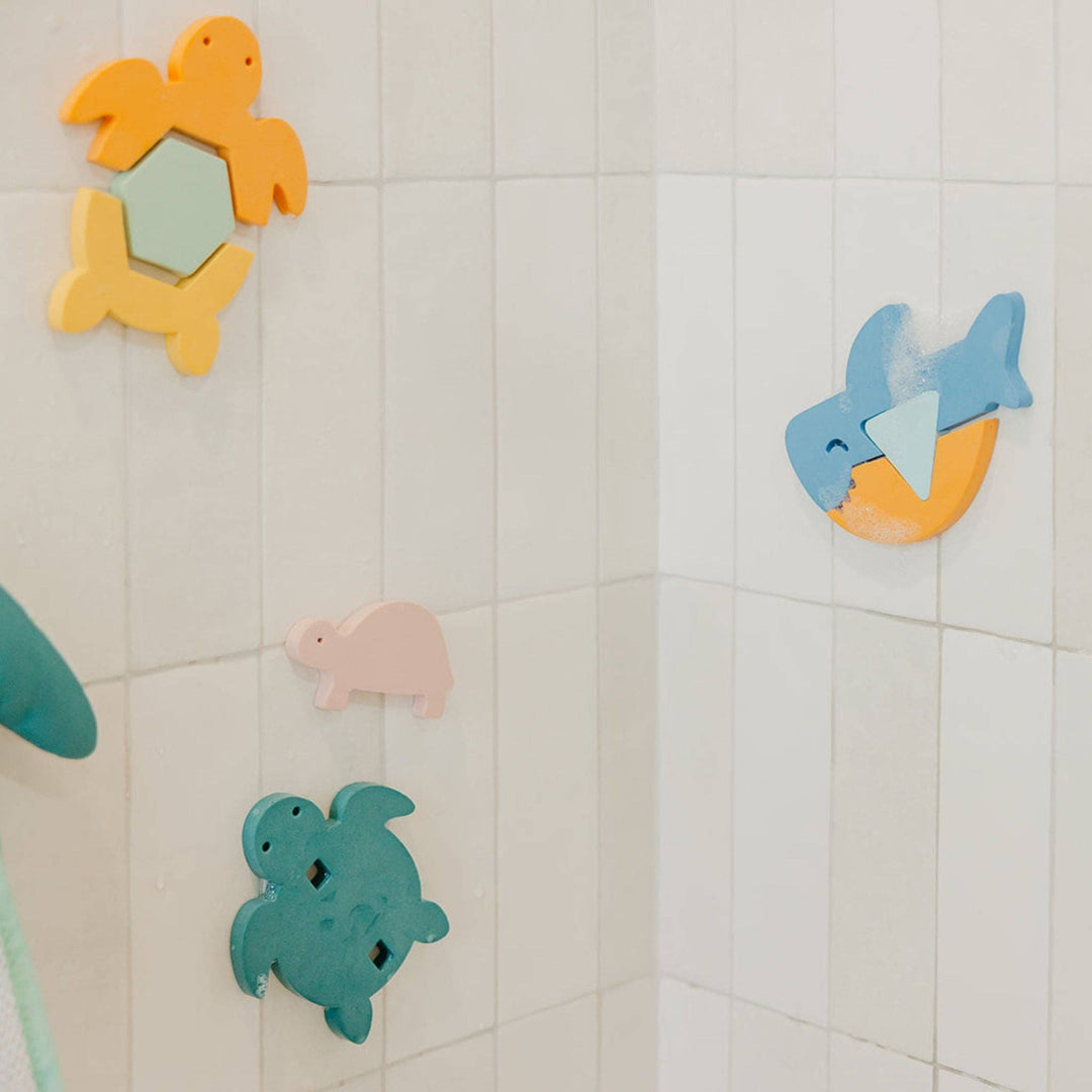 Foam bath toys on wall, baby bath toys for sticking and play during bath time