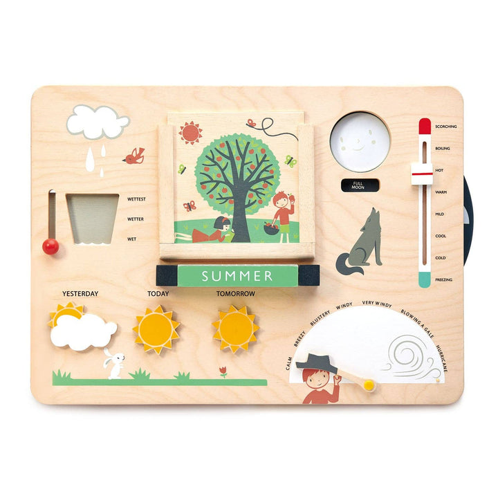 Tender Leaf Toys Weather Watch wooden learning board with sun, rain, and moon phase dial