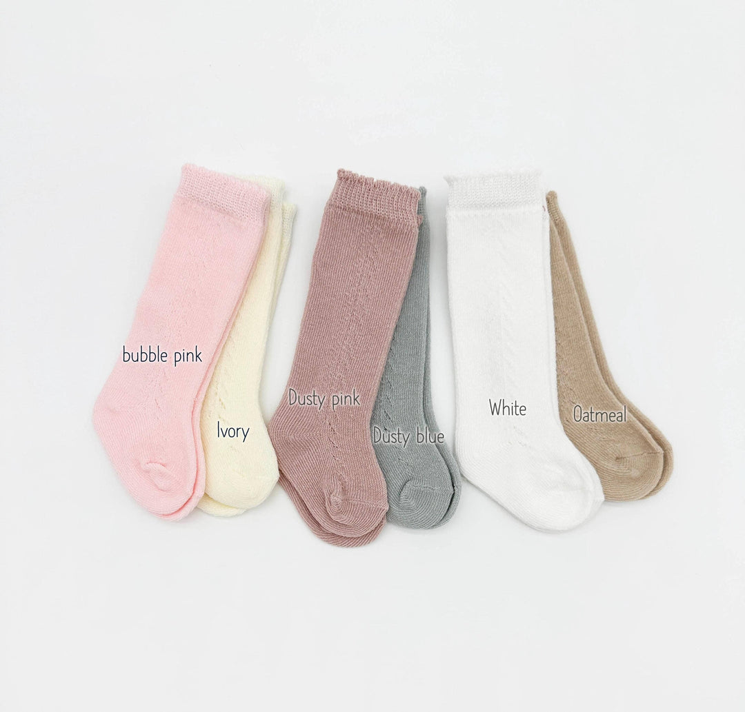 Olive & Cradle French Lace Baby Socks sage – sage green lace knee socks for baby girls, flat lay