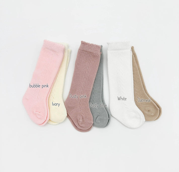 Olive & Cradle French Lace Baby Socks sage – sage green lace knee socks for baby girls, flat lay