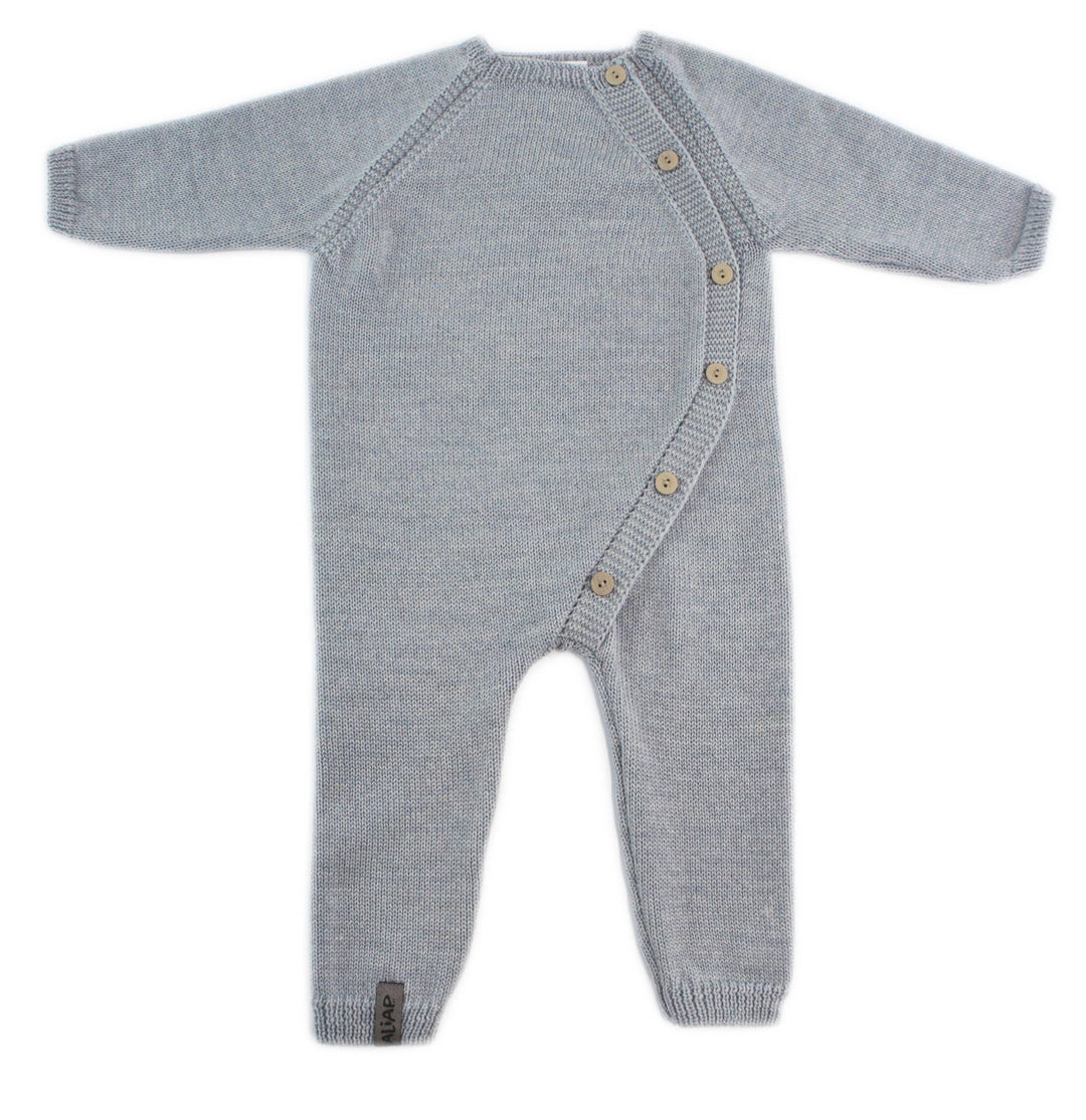 Merino Wool Plain Knit Baby Bodysuit from ALIAP shown in light grey, warm winter layer for little ones