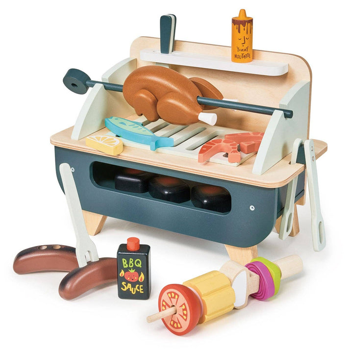 Tenderleaf Barbeque Play Set A play food set featuring a toy grill, wooden kabobs, and BBQ meats. Great for toddlers' pretend cooking adventures.