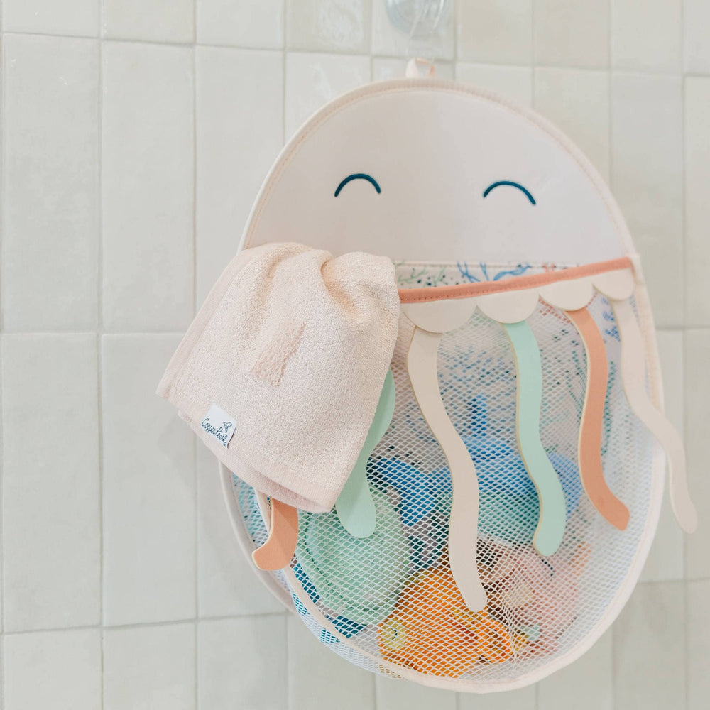 Copper Pearl Cora bath organizer with toys and washcloth, mesh bath toy storage for toddler bath time organization