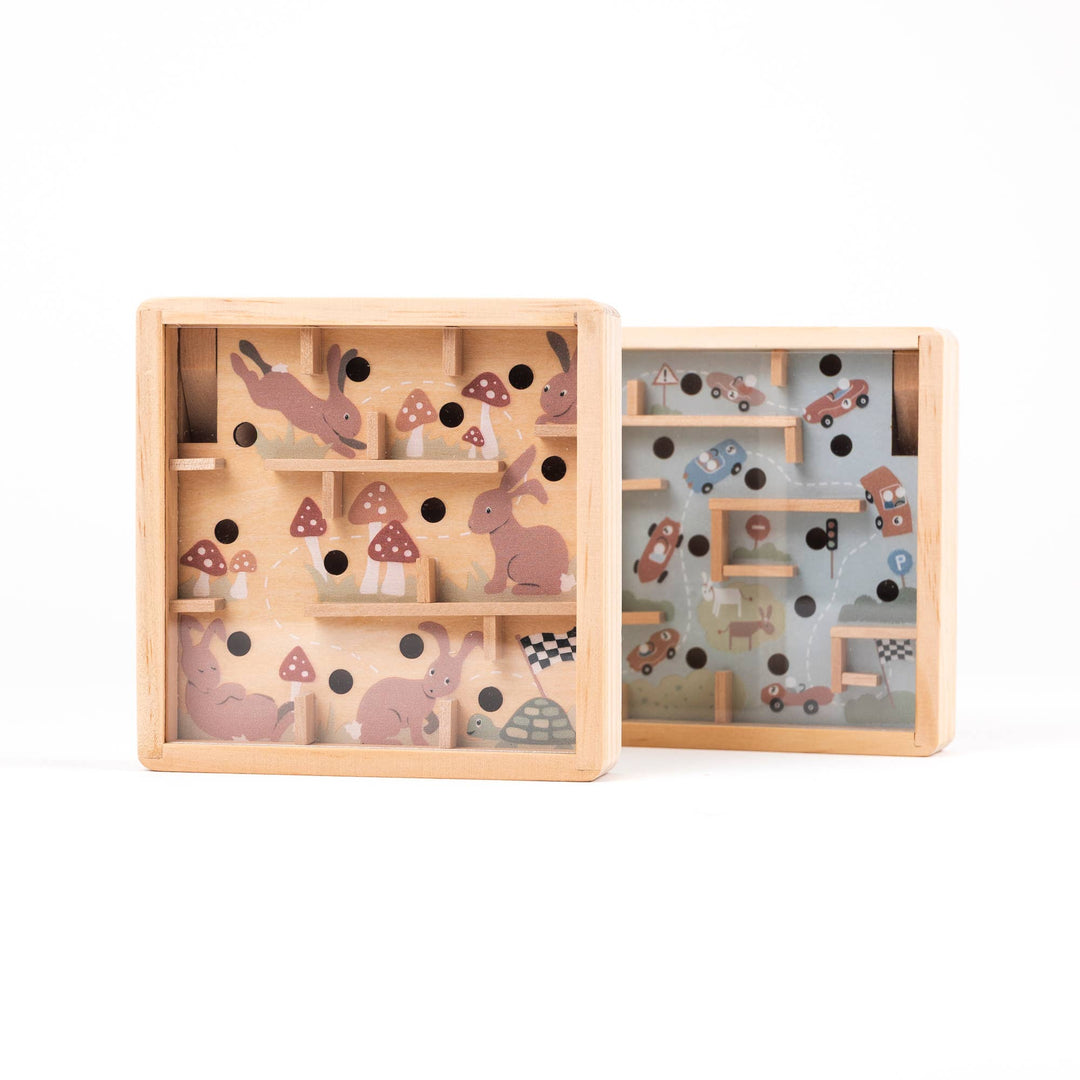 Egmont's Mini Wooden Labyrinth set shows two mazes side by side, one with rabbits and one with cars