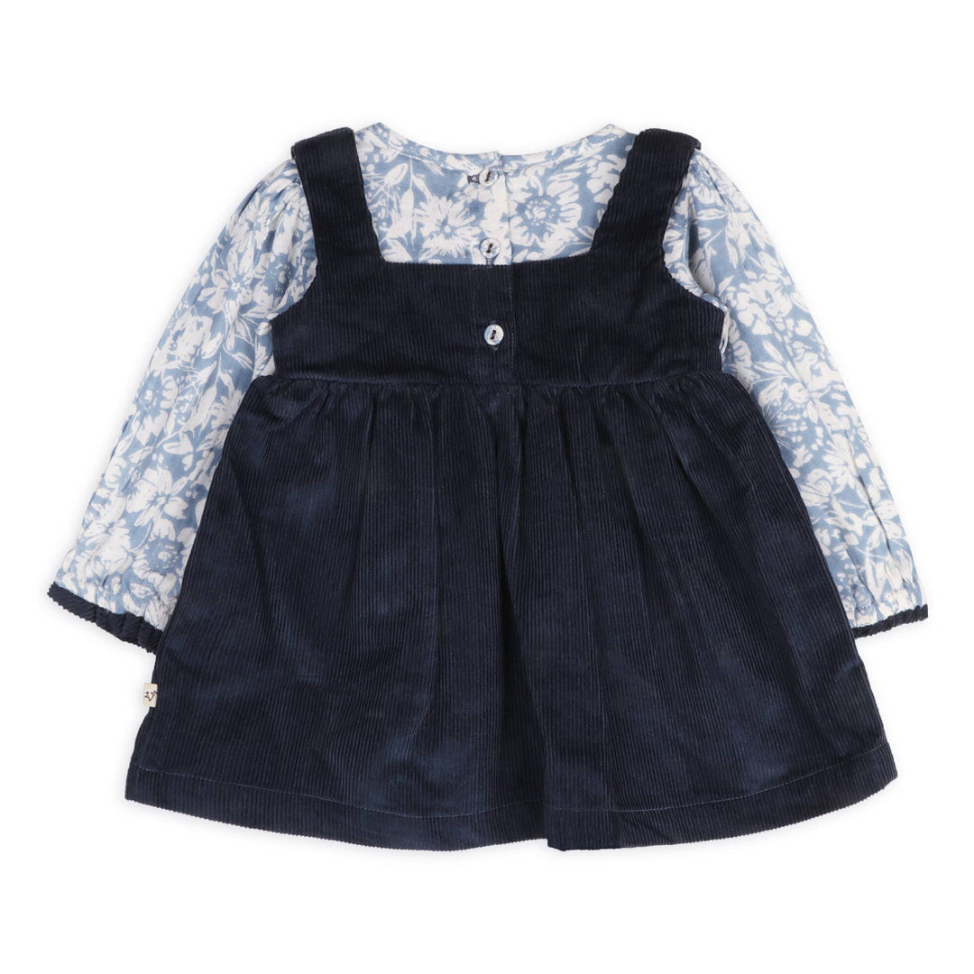 dark blue baby button up dress set for baby and toddler by voverano organics 