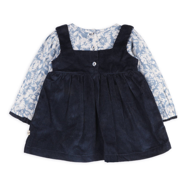 dark blue baby button up dress set for baby and toddler by voverano organics 