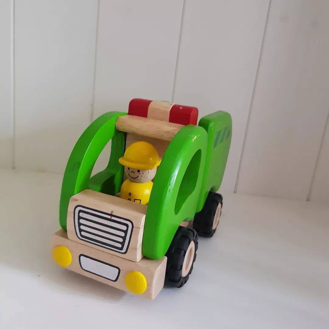 Solid wood Montessori garbage truck with rubber wheels by Goki