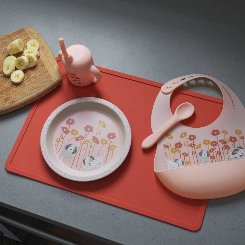 matching toddler silicone dining set with puppy and poppy patern by sugarbooger 