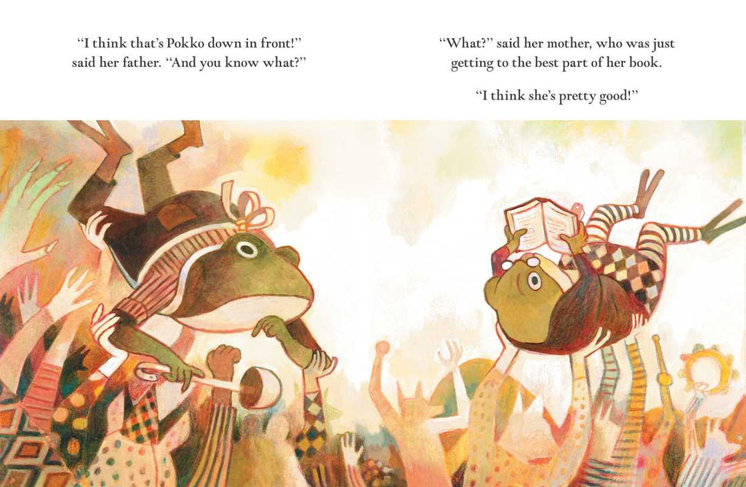 Pokko and the Drum hardcover illustration of Pokko and her father among tall grass, Simon & Schuster