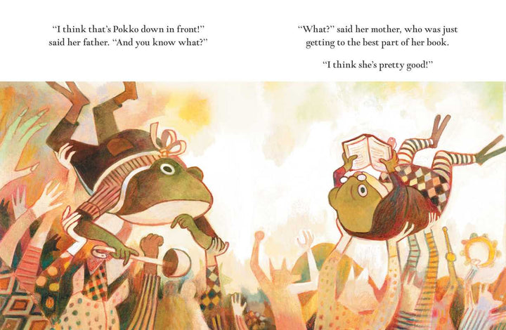 Pokko and the Drum hardcover illustration of Pokko and her father among tall grass, Simon & Schuster