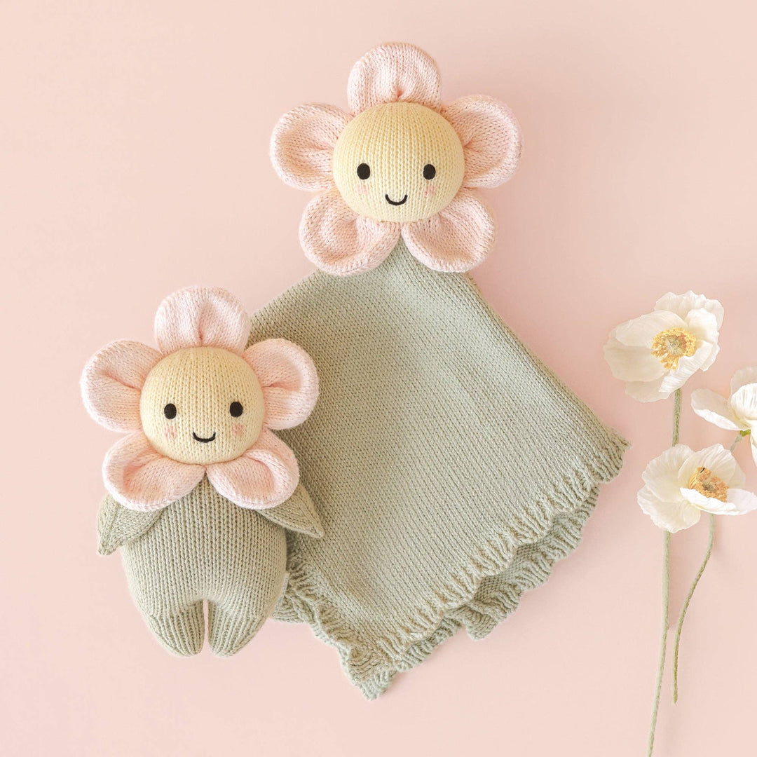 Daisy flower lovey Blush — Cuddle + Kind hand-knit stuffed lovey blanket for newborn girls