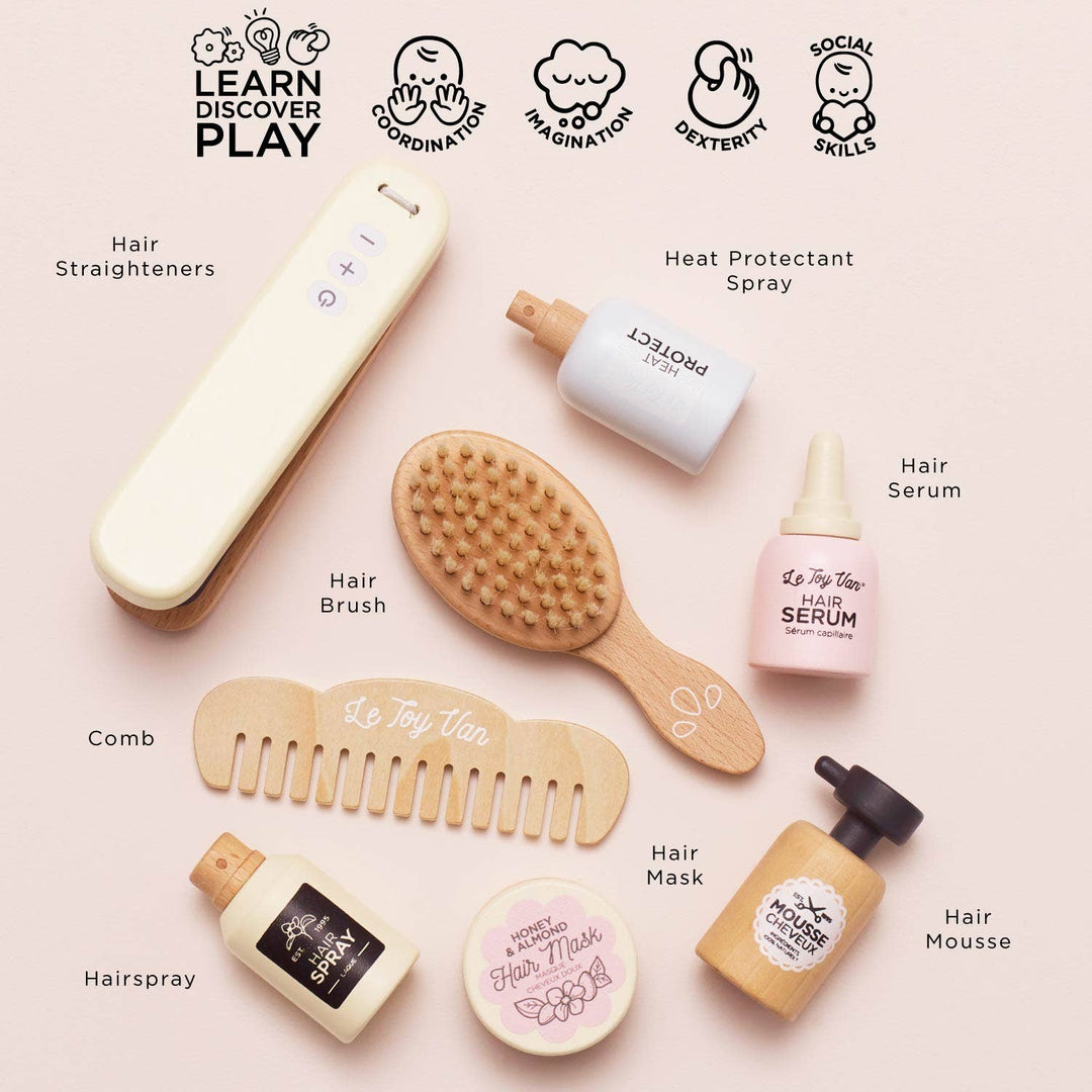 Encourage role-play with the Le Toy Van Hair Care & Straighteners Set, a wooden toy for kids.