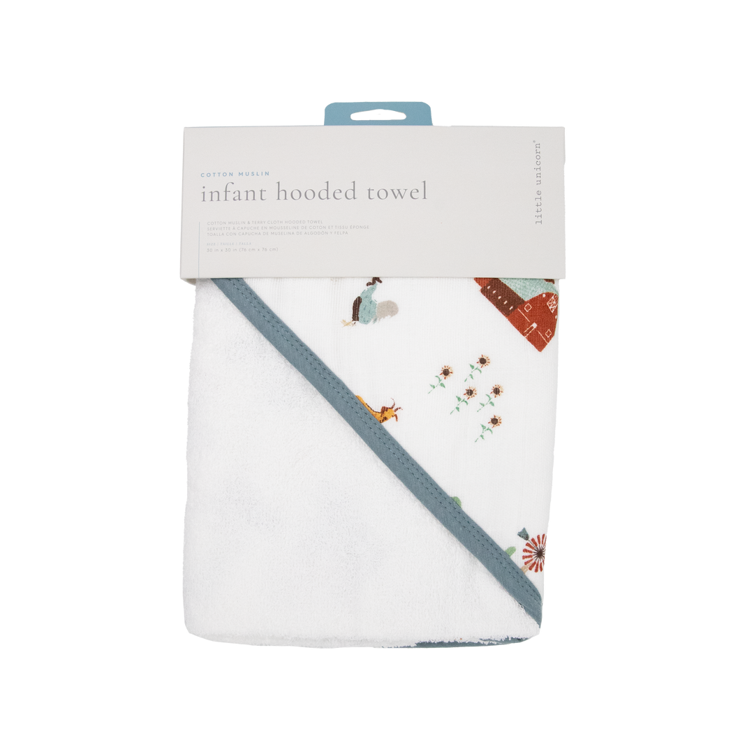 Little Unicorn Baby Towel with Hood in Farmyard, absorbent hooded towel for infant bath