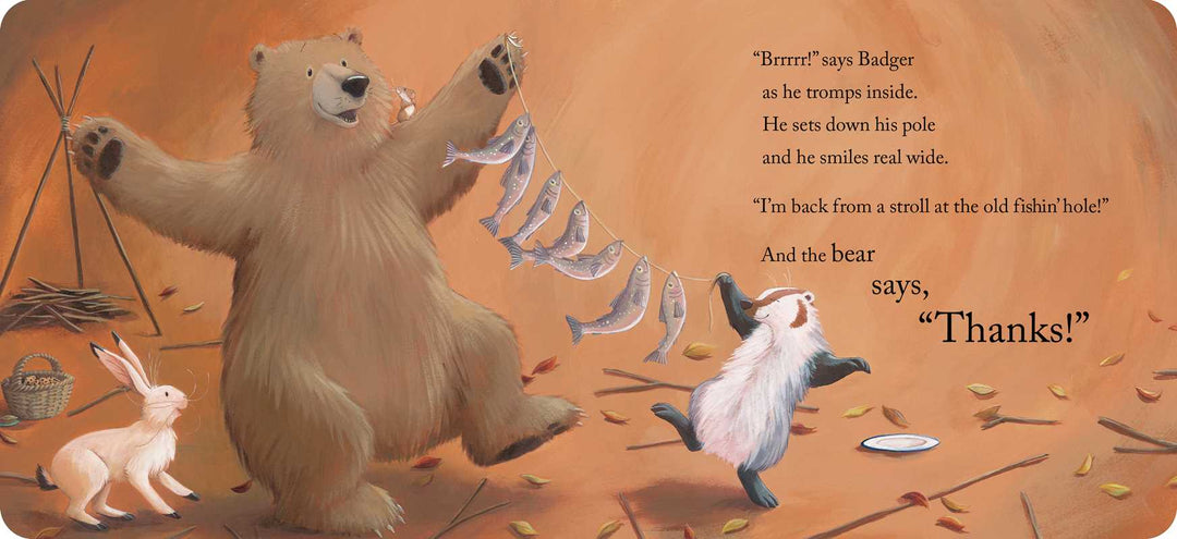 Simon & Schuster Bear Says Thanks board book page showing Bear surrounded by his forest friends