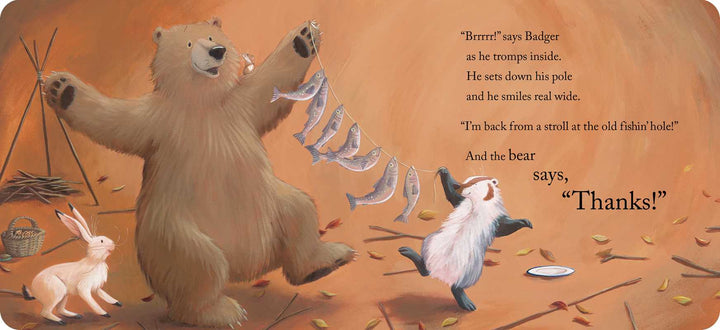 Simon & Schuster Bear Says Thanks board book page showing Bear surrounded by his forest friends