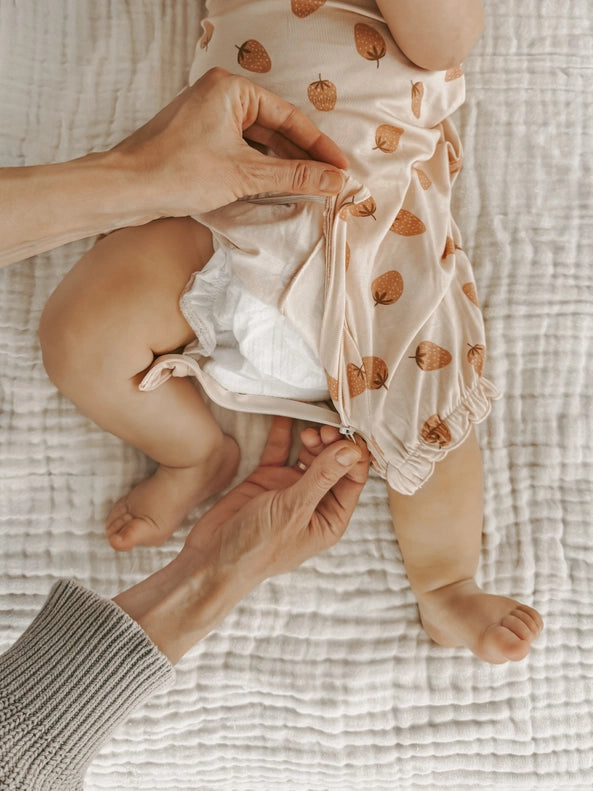 Strawberry Gunamuna Bubble Romper, soft baby bubble romper perfect for everyday wear.