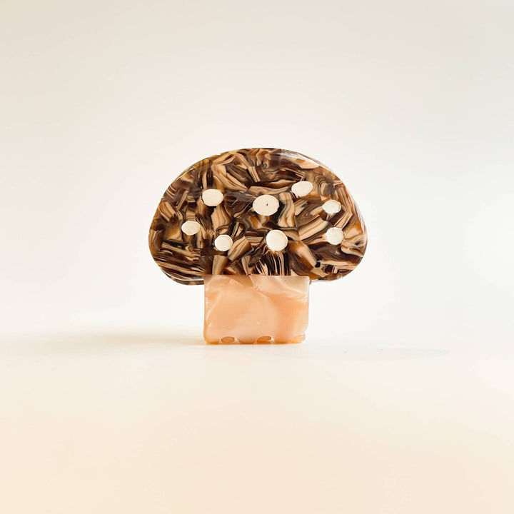 Adorro mushroom claw clip small size close up showing detailed mushroom cap design and secure clip back for kids and toddler hair