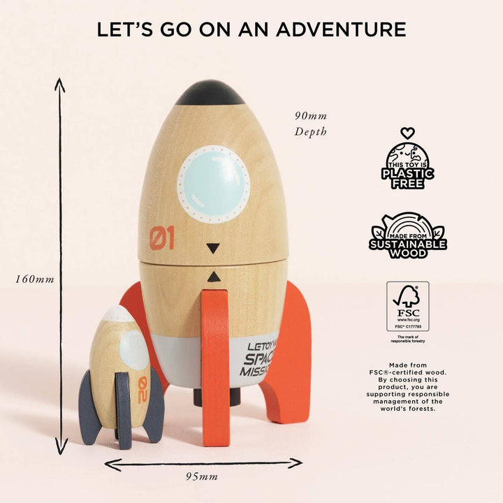 Size guide for Le Toy Van Magnetic Space Rocket Duo showing height, width and depth, plastic free sustainable wood toy