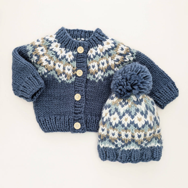 Huggalugs Fairisle Slate cardigan and beanie set, matching hand knit baby outfit
