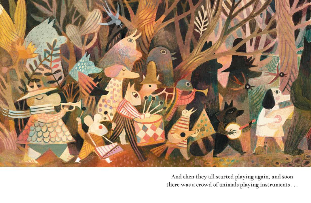 Simon & Schuster Pokko and the Drum hardcover spread showing animals joining a musical parade
