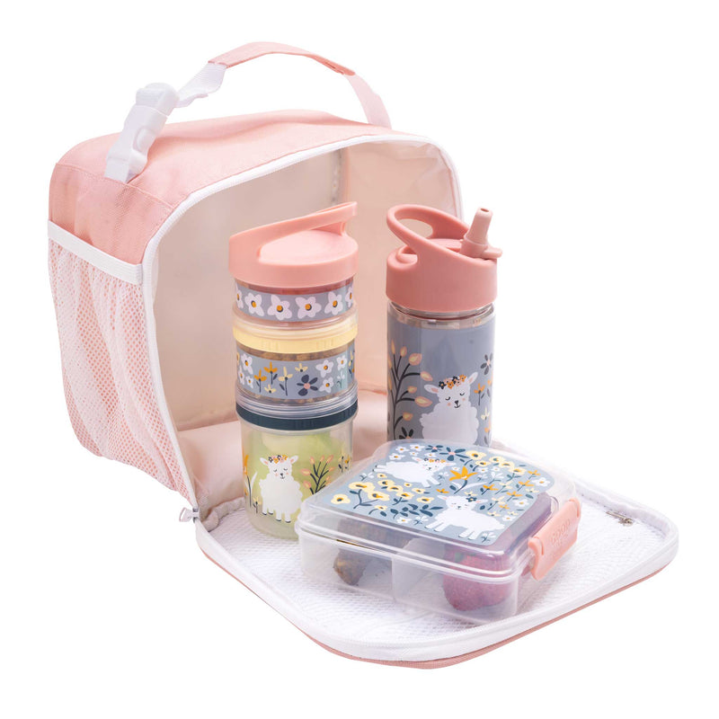 sheep and flower themed pink and gray sugar bugger kids lunch bag with insulated lining and pocket for ice pack 