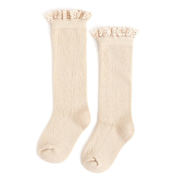 Ivory cable knit knee socks with a delicate crochet lace cuff, Little Stocking Co.'s Vanilla Fancy Lace Top style