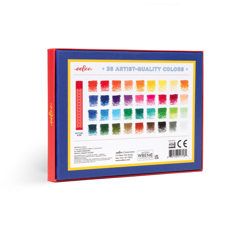 eeBoo Rainbow Oil Pastels 36 fade-resistant sticks fanned out showing full color range