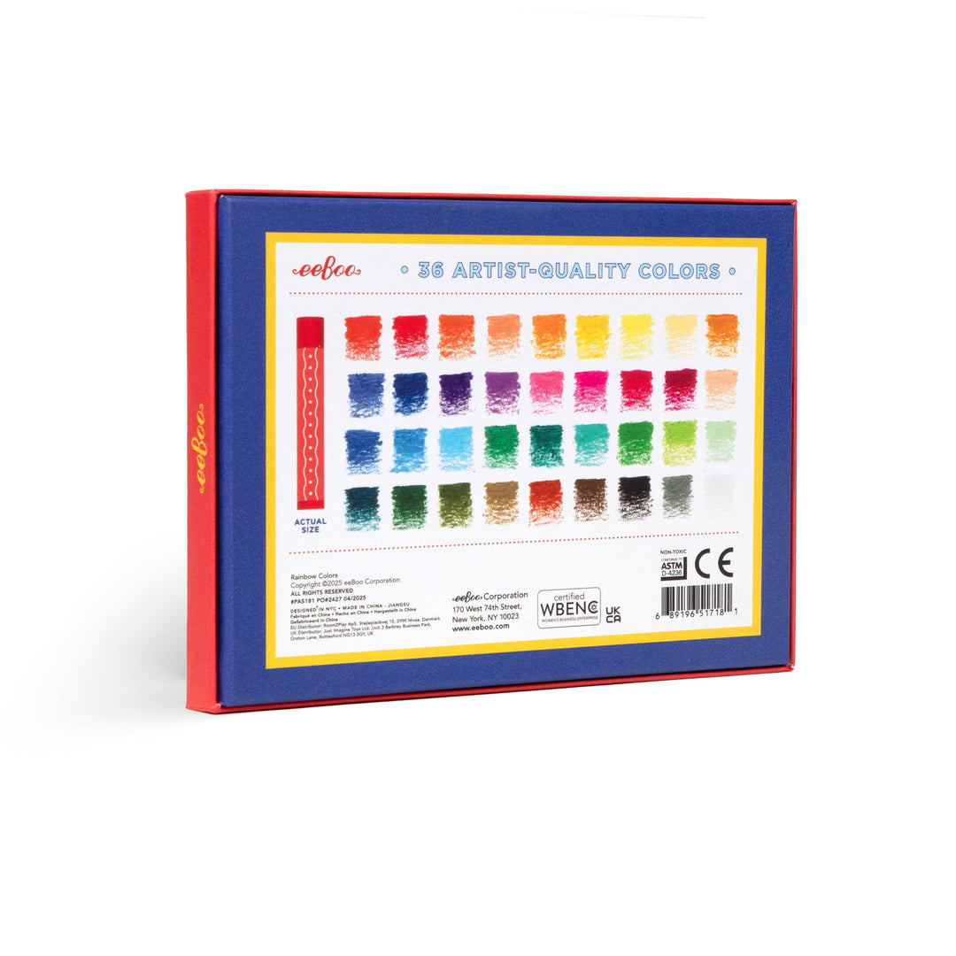 eeBoo Rainbow Oil Pastels 36 fade-resistant sticks fanned out showing full color range