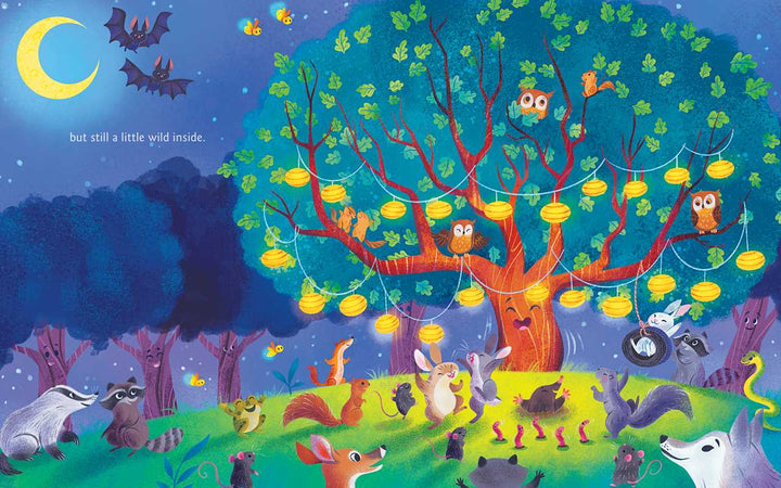 Glowing nighttime tree illustration from the Acorn Was a Little Wild hardcover, a Simon & Schuster kids book