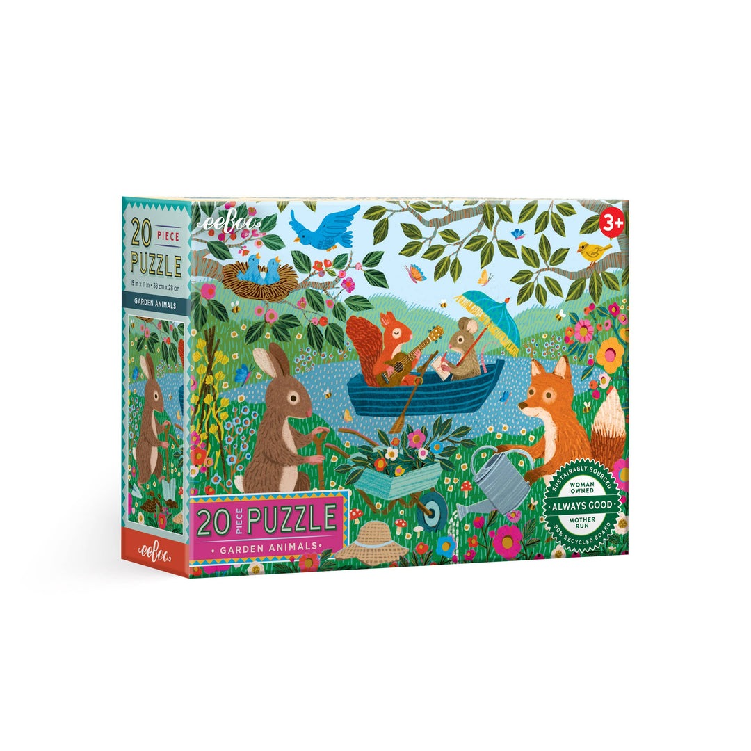 eeBoo Garden Animals 20 Piece Puzzle box featuring Victoria Ball garden creature illustration