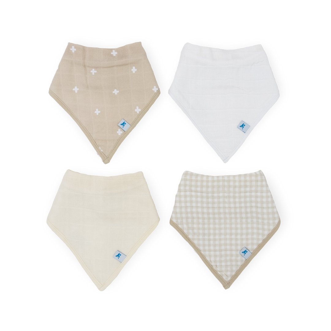 Little Unicorn Cotton Muslin + Fleece Bandana Bib 4 Pack - Taupe Cross, soft baby bibs for mealtime