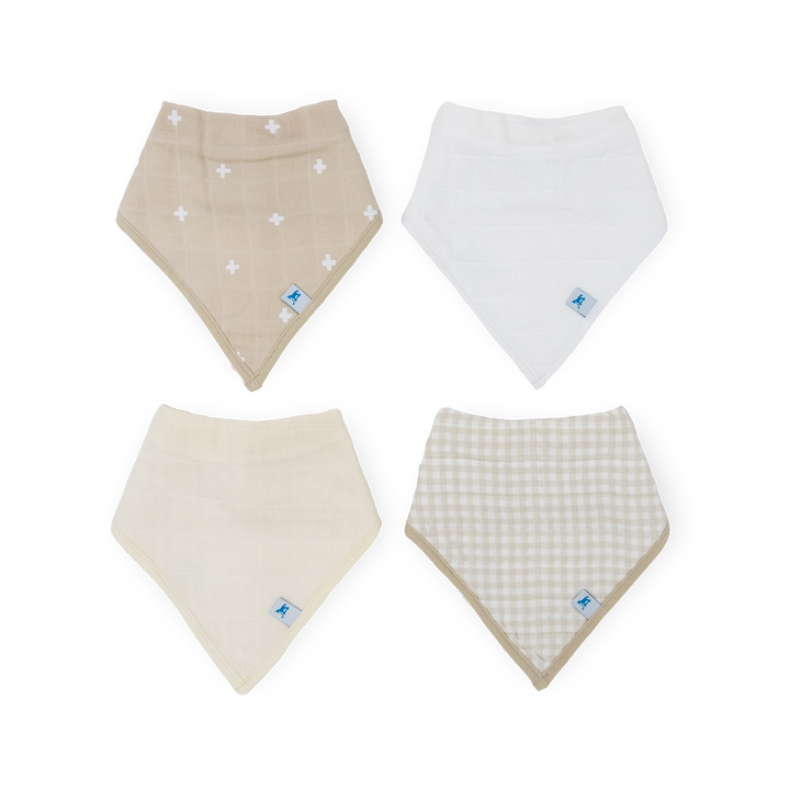 Little Unicorn Cotton Muslin + Fleece Bandana Bib 4 Pack - Taupe Cross, soft baby bibs for mealtime