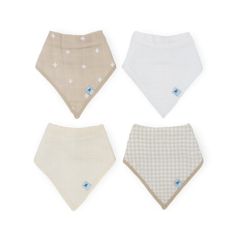 Little Unicorn Cotton Muslin + Fleece Bandana Bib 4 Pack - Taupe Cross, soft baby bibs for mealtime