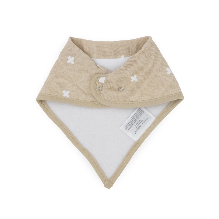 Detailed close-up of Little Unicorn Cotton Muslin + Fleece Bandana Bib 4 Pack - Mauve Stripe, showcasing stitching on baby bib.