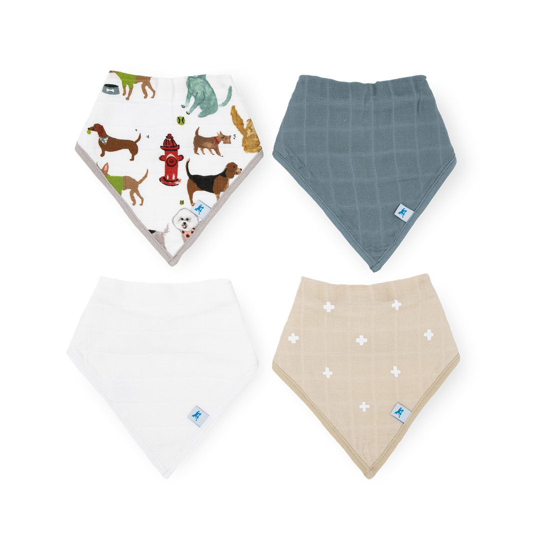 Little Unicorn Cotton Muslin + Fleece Bandana Bib 4 Pack - Woof, soft baby bibs for mealtime