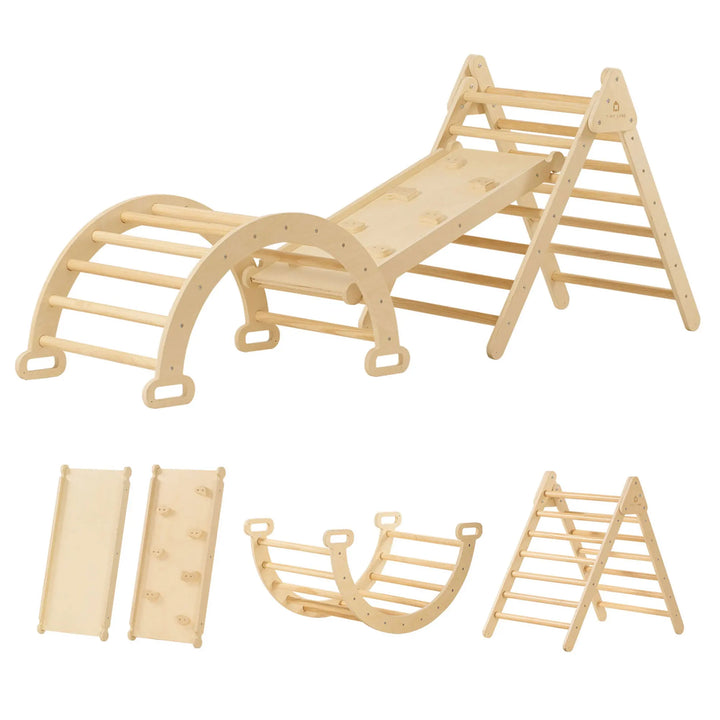 Tiny Land 7-in-1 Montessori Climbing Set, a beautifully crafted wooden toy for active toddlers.