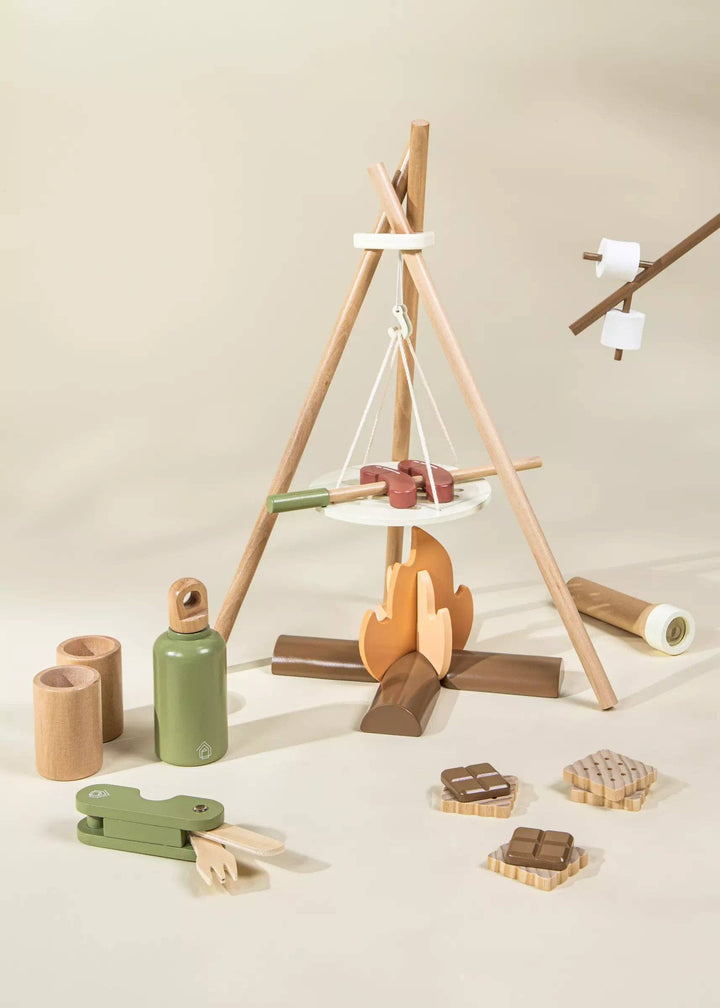 Roast marshmallows with the Coco Village Wooden Camping Playset in Multicolor, a perfect addition to pretend play adventures.