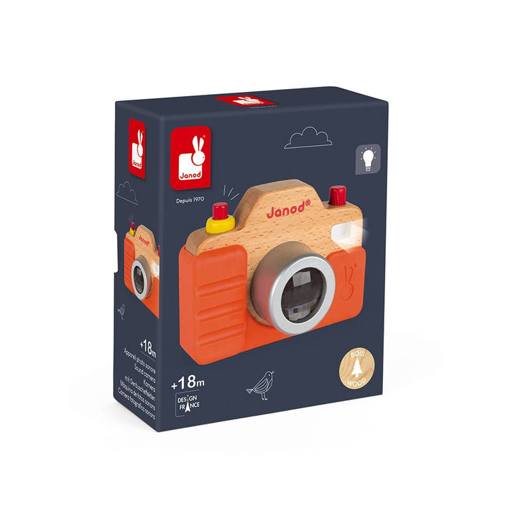 janod wooden and silicone play pretend camera in box