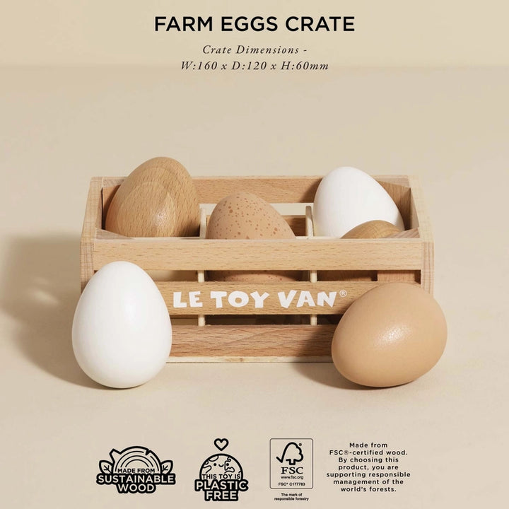 Le Toy Van Farm Eggs Wooden Market Crate featuring six hand-painted eggs, ideal wood toy for toddlers and preschoolers